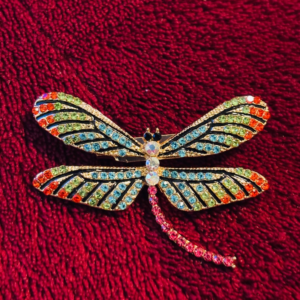Multicolor Rhinestone Dragonfly Brooch Gold Tone Insect Pin